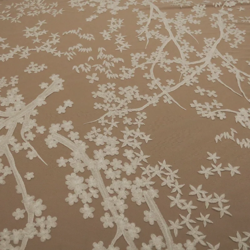 YEAR-End Sale White Tulle with White  Floral Design  Embroidered Fabric
