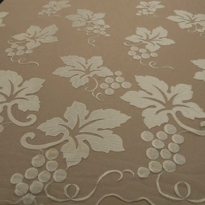 Early Access White  Sparkle Tulle with Grapes and leaves  Design Embroidered Fabric