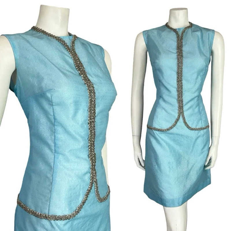 Price Drop Alert VTG 60S LIGHT BLUE SILVER BEADED TRIM MOD GOGO PARTY SLEEVELESS MINI DRESS 12