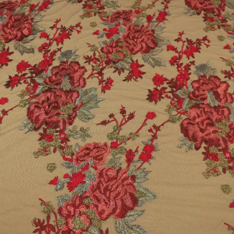 Lowest Price Black Tulle with Terracotta  Flowers Design  Embroidered  Fabric