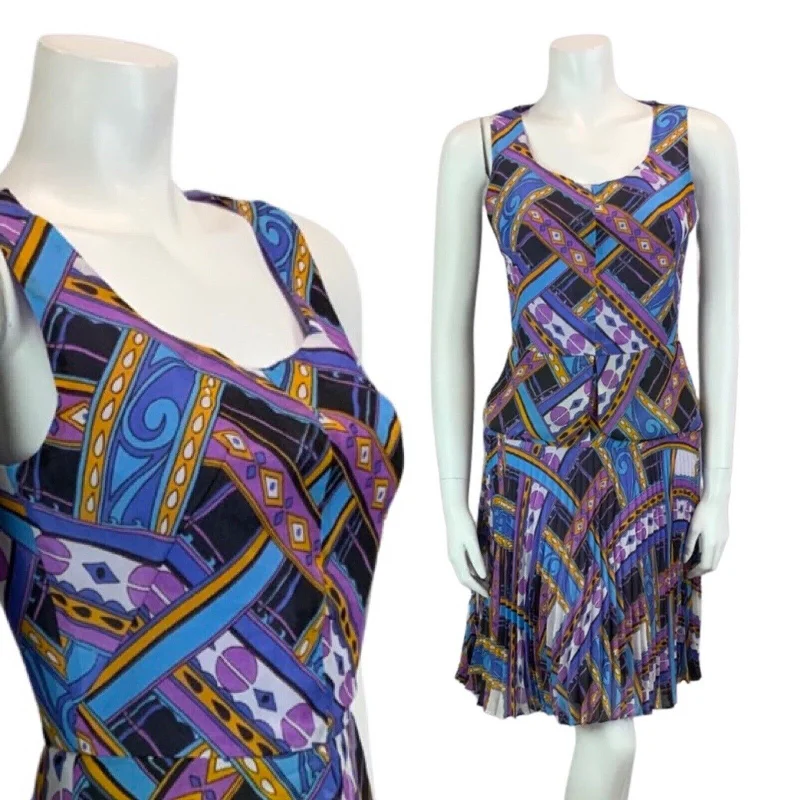 Stock Clearance VINTAGE 60s 70s PURPLE BLUE ORANGE FUNKY PRINT PLEATED MIDI DRESS 8 10