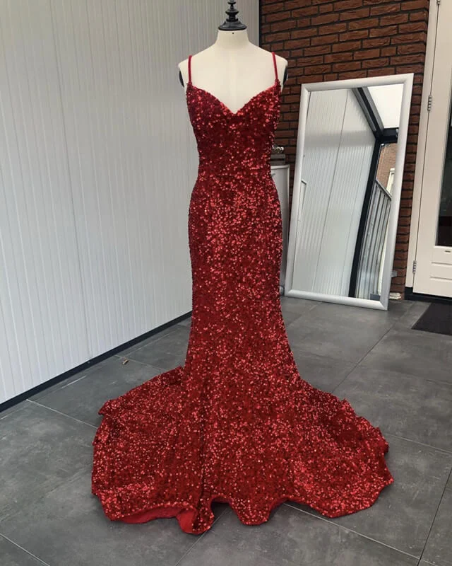 Price Drop Mermaid Red Spaghetti Straps Velvet Sequin Prom Dress