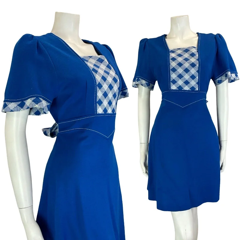 Reduced Prices VTG 60S BRIGHT BLUE CHECKED SHORT SLEEVE TIE WAIST BOW MINI DRESS SIZE 12