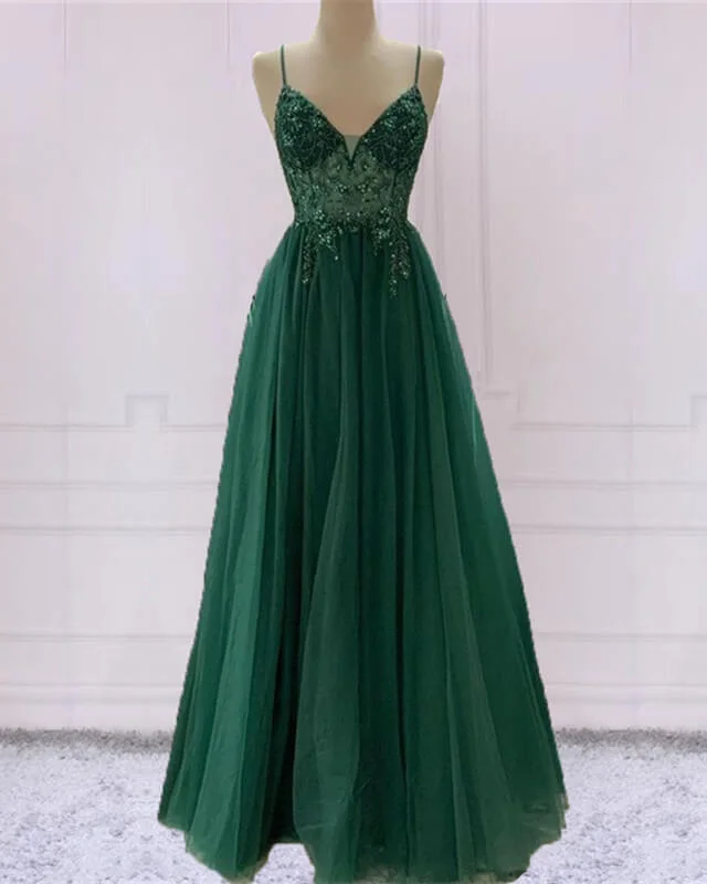 Lowest Price Emerald Green Tulle Prom Dress Beaded V Neck