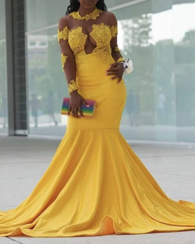 Buy More, Save More Mustard Yellow Mermaid Prom Dresses Appliques