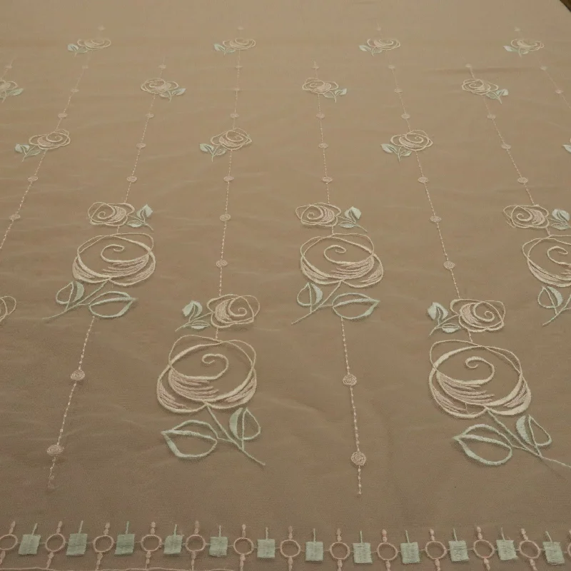 Can't Miss White Tulle with Mint and Pink Rose Floral Design Embroidered Fabric