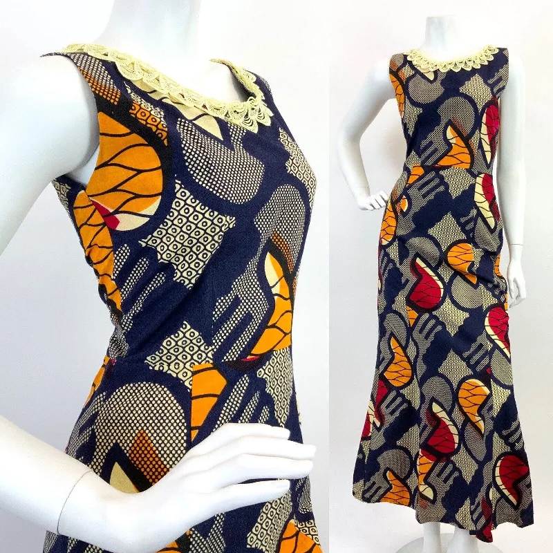 Quick Sale VINTAGE 60s 70s BLUE CREAM RED YELLOW GEOMETRIC LACE MOD SLEEVELESS MAXI DRESS 6