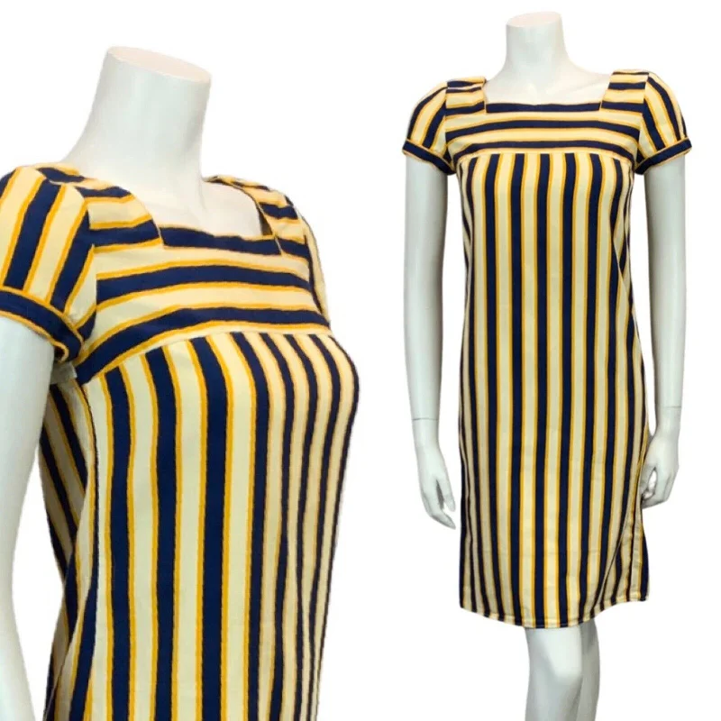 Exclusive Deal VINTAGE 60s 70s NAVY BLUE YELLOW CREAM STRIPED MINI DRESS 8