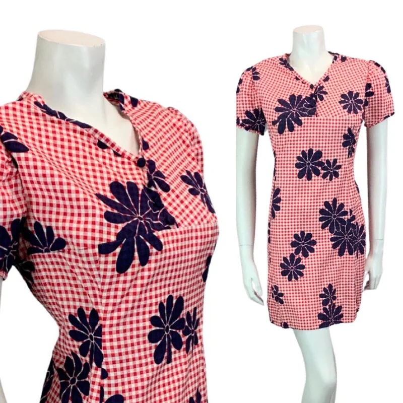 Extra Discounts VINTAGE 60s 70s RED WHITE GINGHAM BLUE DAISY FLOWER MOD MINI DRESS 10