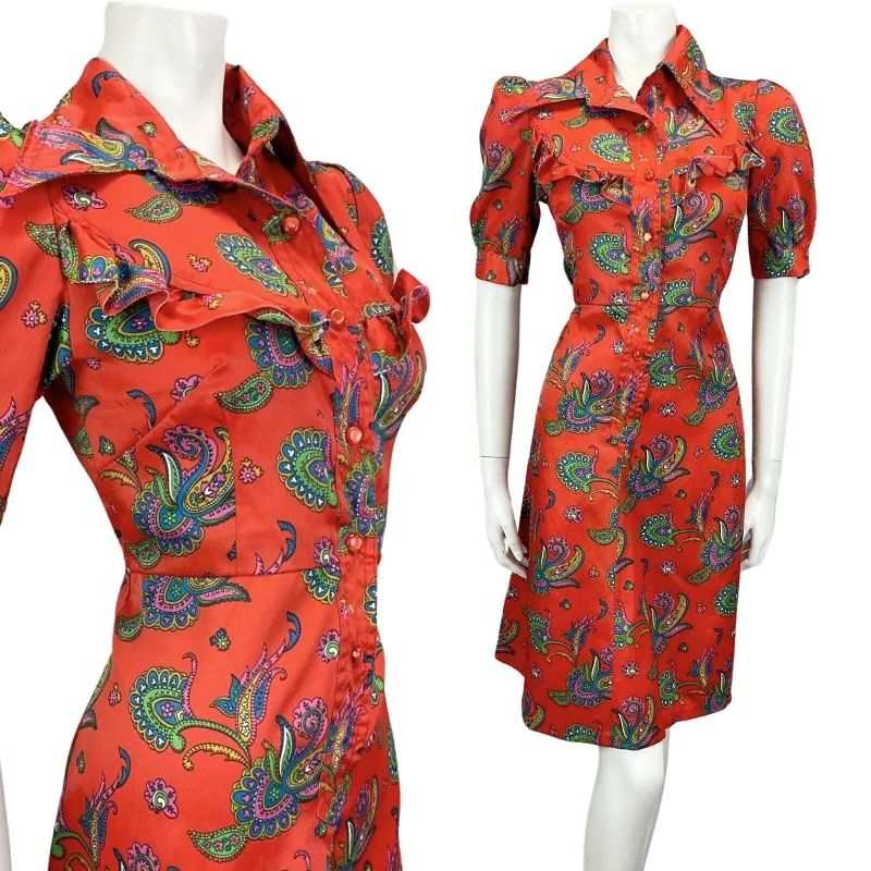 Big Savings VTG 60s 70s RED BLUE PINK PAISLEY PRINT RUFFLED DAGGAR COLLAR MIDI DRESS 10 12