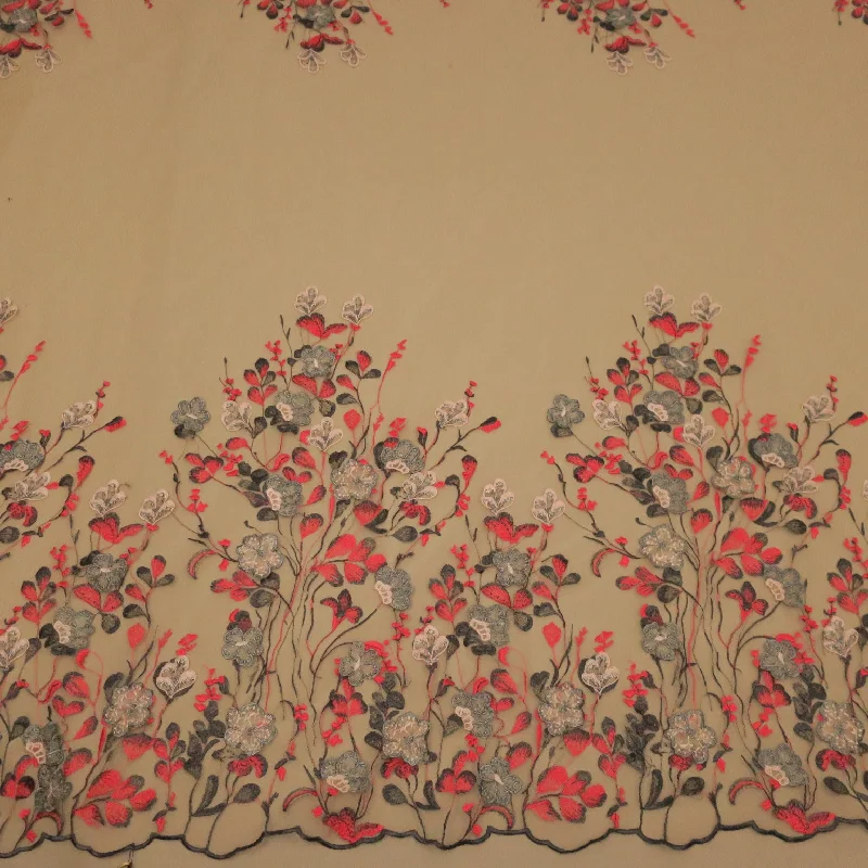 Deal of the Day Nude Tulle with Black and Cherry Embroidered Floral Fabric