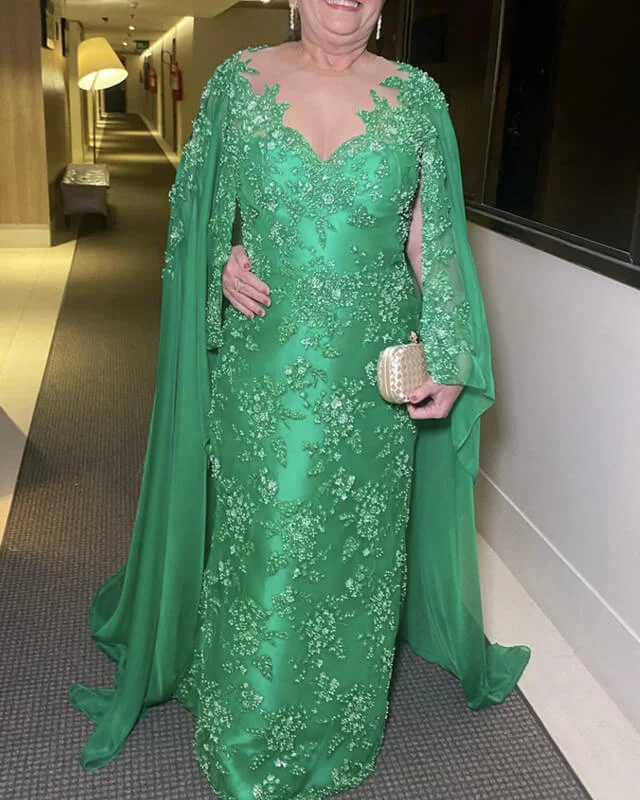 Act Fast Mermaid Green Lace Sleeve Dress With Cape
