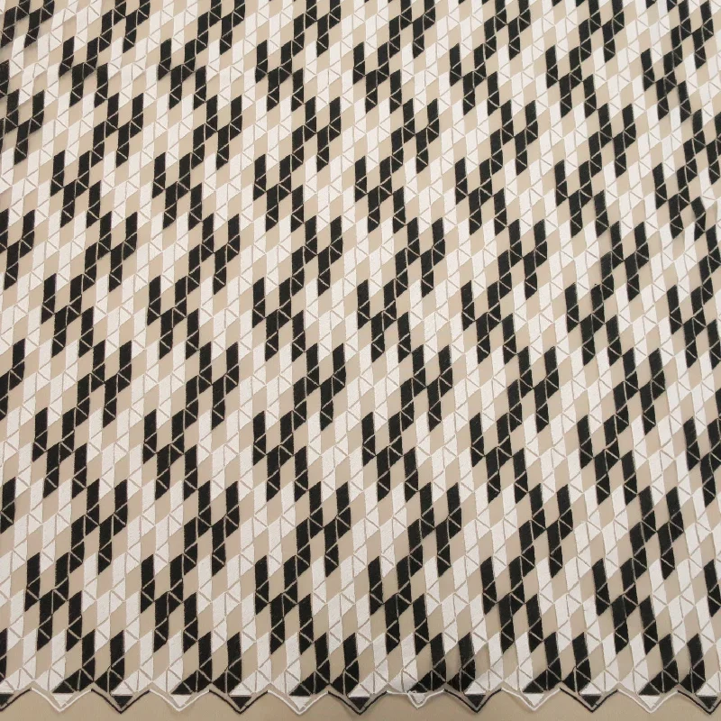 Final Sale Black Tulle with White and Black Geometric Pattern Embroidered Fabric