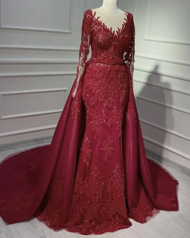Super Sale Mermaid Dark Burgundy Appliques Sleeved Dress