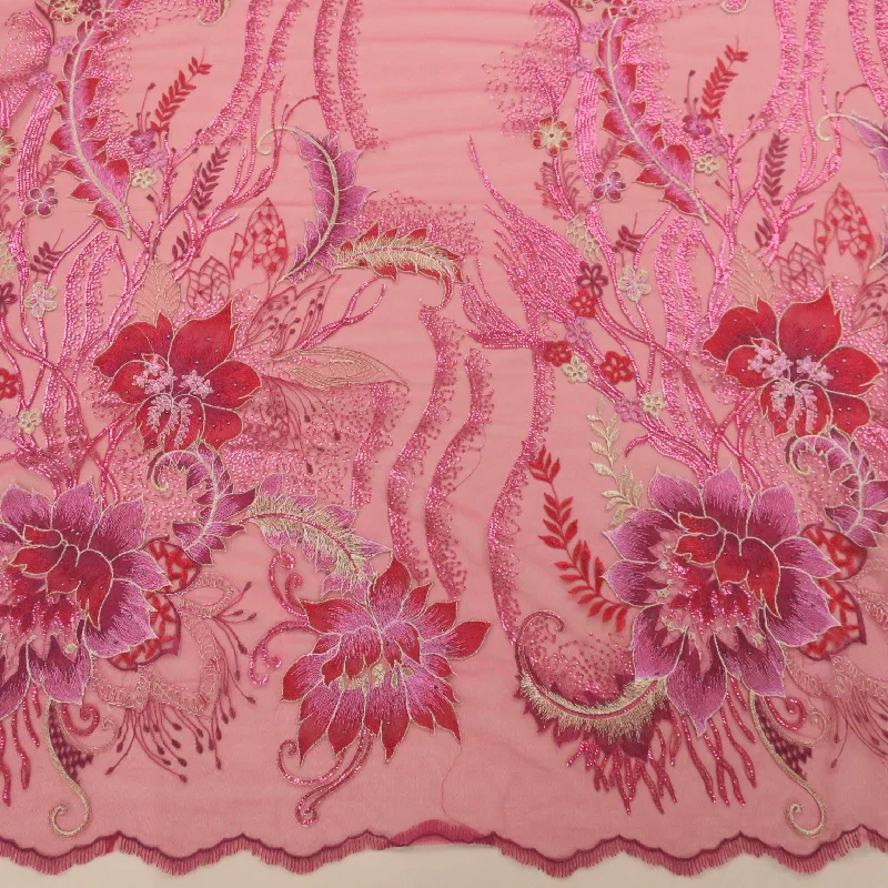 Year-End Sale Fuchsia Floral with Swarovski Crystals Embroidered Tulle Fabric