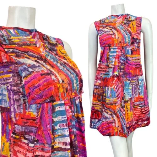 New Markdowns VTG 60s 70s PINK PURPLE BLUE YELLOW PSYCHEDELIC MOD EMPIRE TENT DRESS 12 14