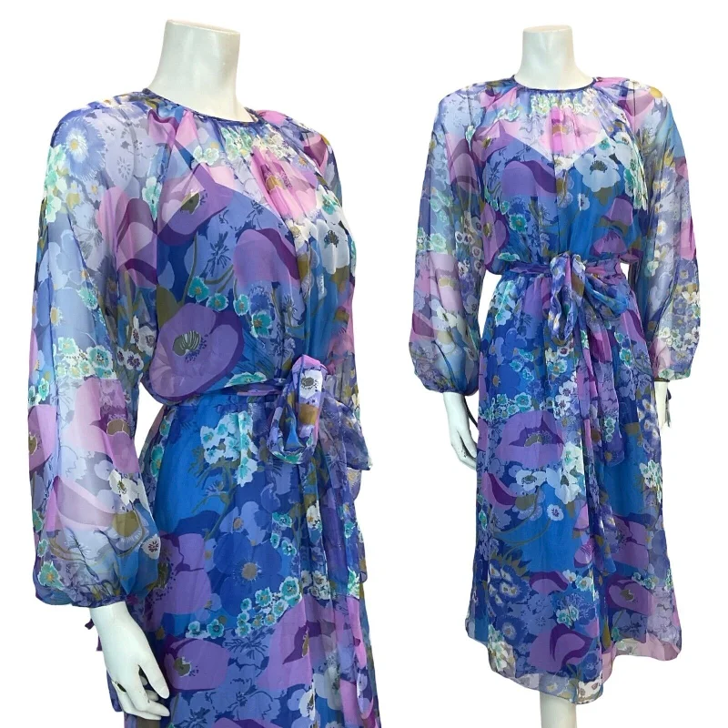 Mega Deal VTG 70S FLOATY SHEER CHIFFON FLORAL MIDI DRESS BLUE PURPLE WHITE 10 12