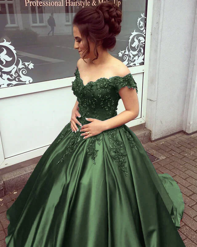Limited Edition Olive Green Satin Ball Gown With 3D Lace Flowers