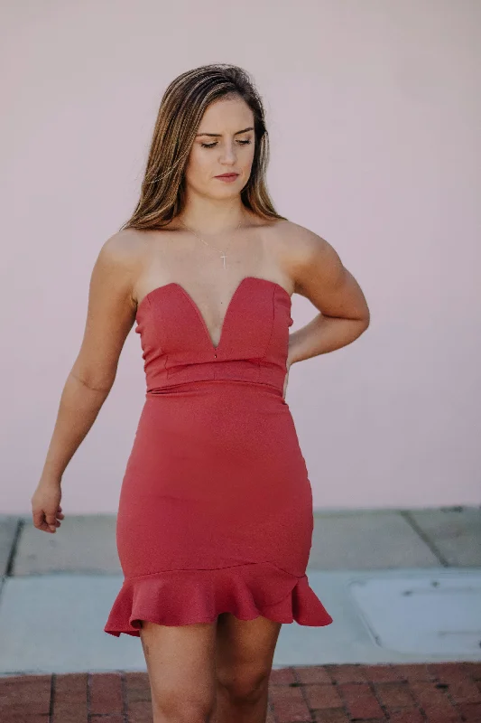 Can't Miss V You Later Strapless Ruffle Dress