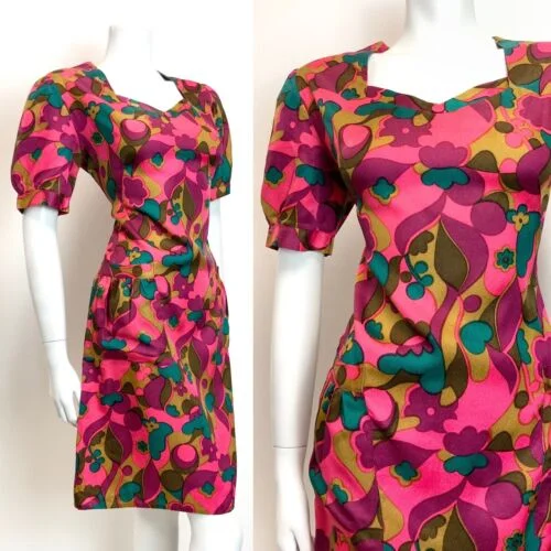 Price Reduction VINTAGE 60s 70s PINK PURPLE GREEN PSYCHEDELIC FLORAL MOD SHORT-SLEEVE DRESS 14