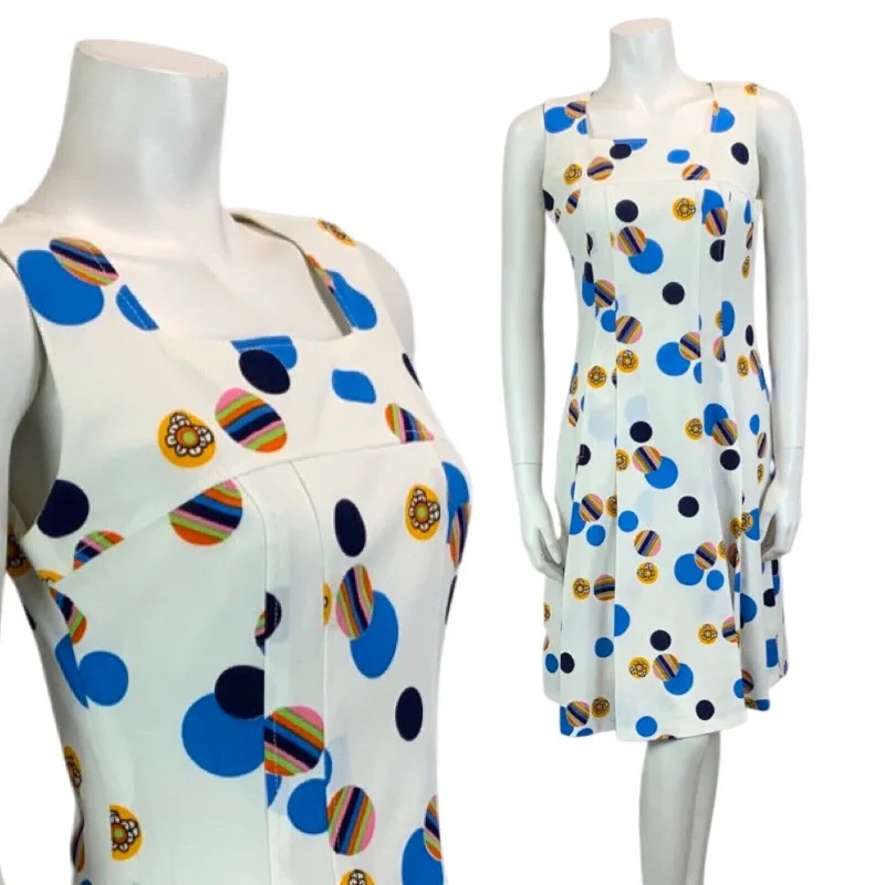 Don’t Miss Out VINTAGE 60s 70s WHITE BLUE NAVY PINK SPOTTY ABSTRACT PRINT MOD DRESS DRESS 10