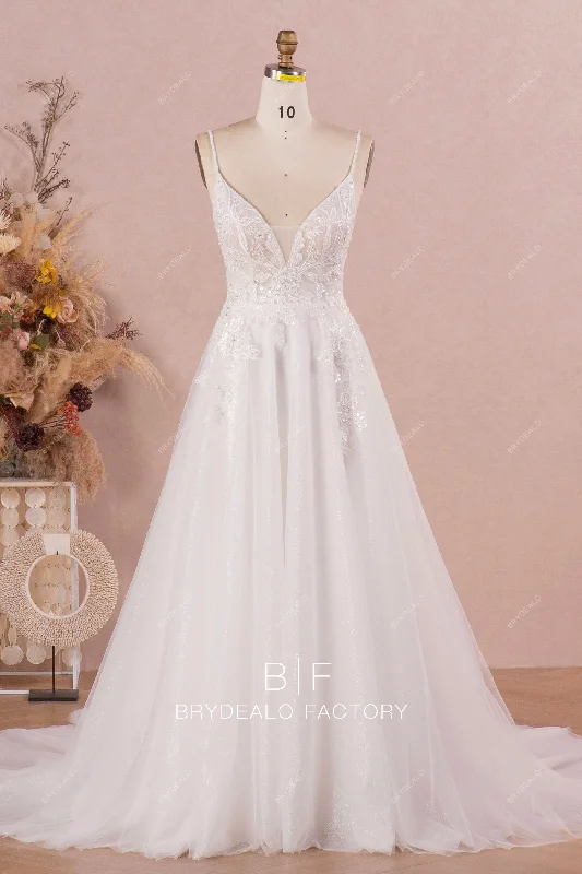 Weekend Special Sparkling Lace Glitter Bridal Gown with Plunging Neckline