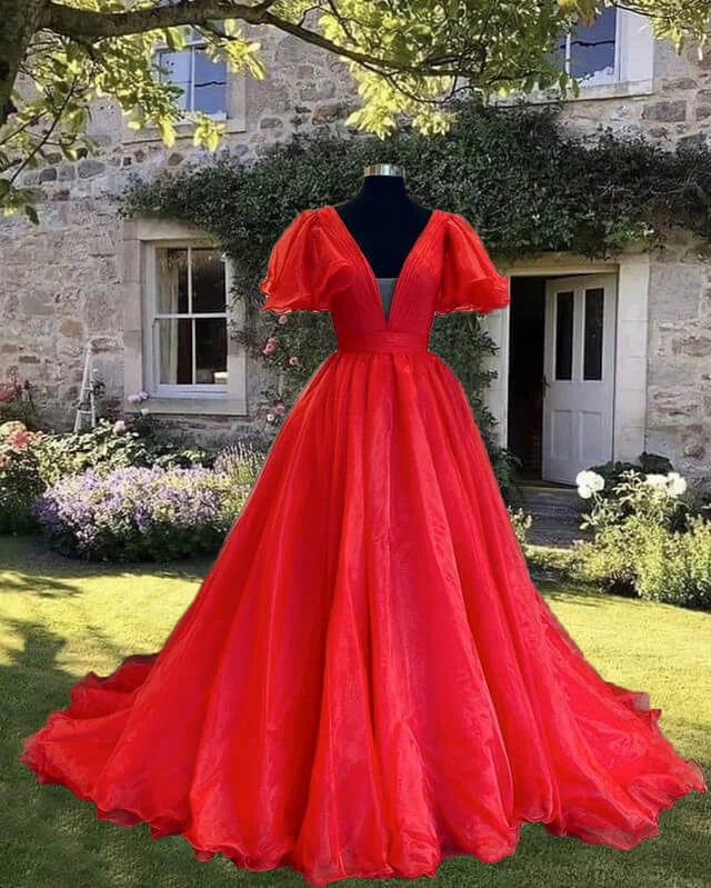 Stock Up and Save Red Puffy Sleeve Ball Gown V-neck Dress