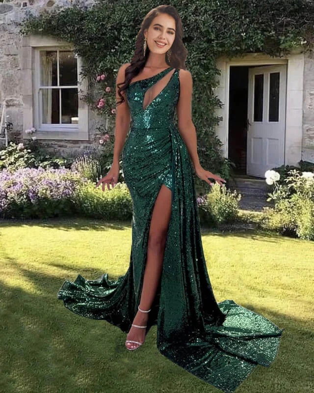 Seasonal Clearance Mermaid Emerald Green Sequin One Shoulder Dress