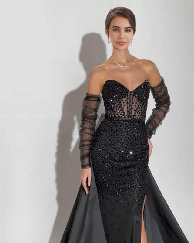 Instant Discount Mermaid Crystal Beaded Black Satin Slit Dress With Sleeves