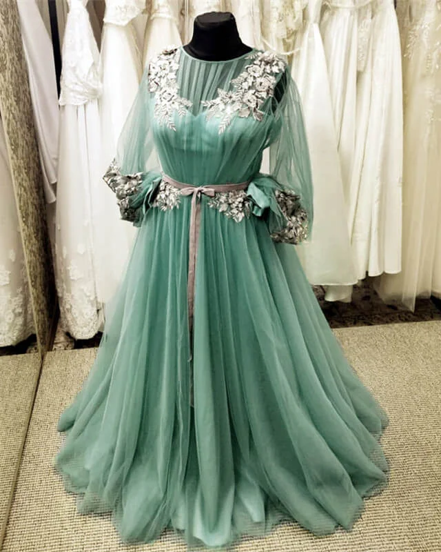 One-DAY Sale Long Sleeve Sage Green Tulle Dress With Lace Embroidery