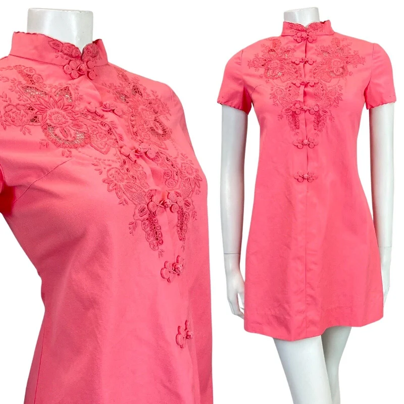 Act Fast VTG 60s STYLE 90s CORAL PINK FLORAL EMBROIDERED CHEONGSAM QIPAO SHORT DRESS 8