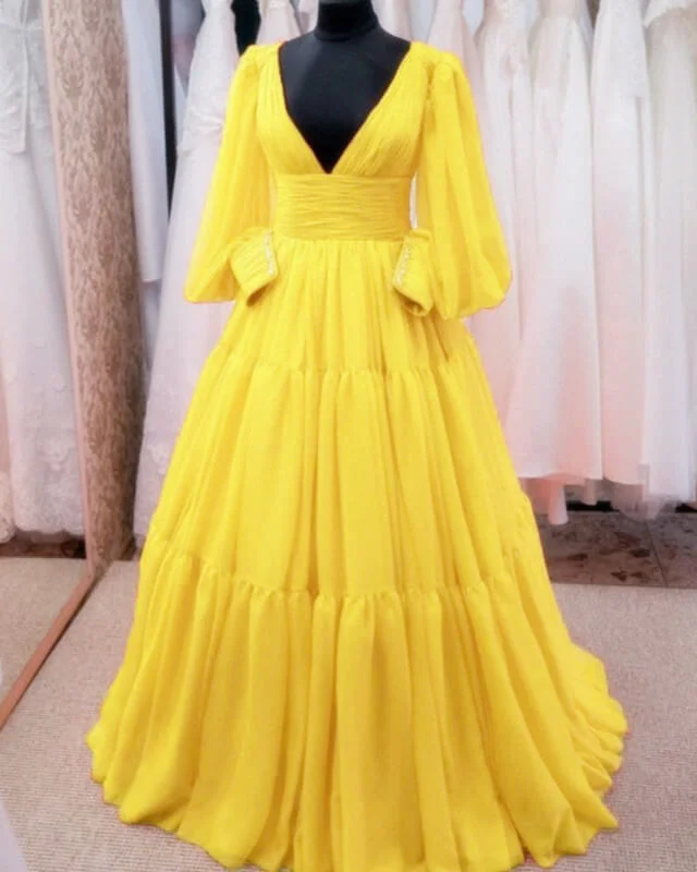 Hot Deal Yellow Puffy Sleeves Ball Gown Tulle Prom Dresses
