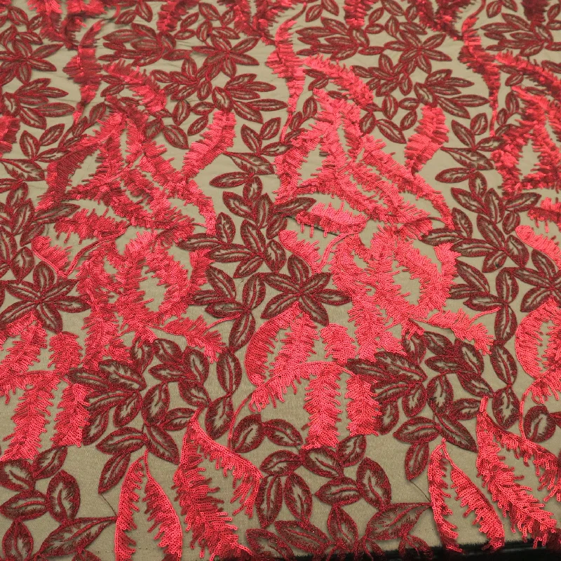 Discount Days Black Tulle with Red Sequins  Floral Design Embroidered  Fabric