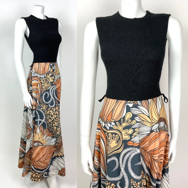 Weekend Special VTG 60s 70s BLACK ORANGE PEACH WHITE PSYCHEDELIC LEAFY FLORAL MAXI DRESS 8