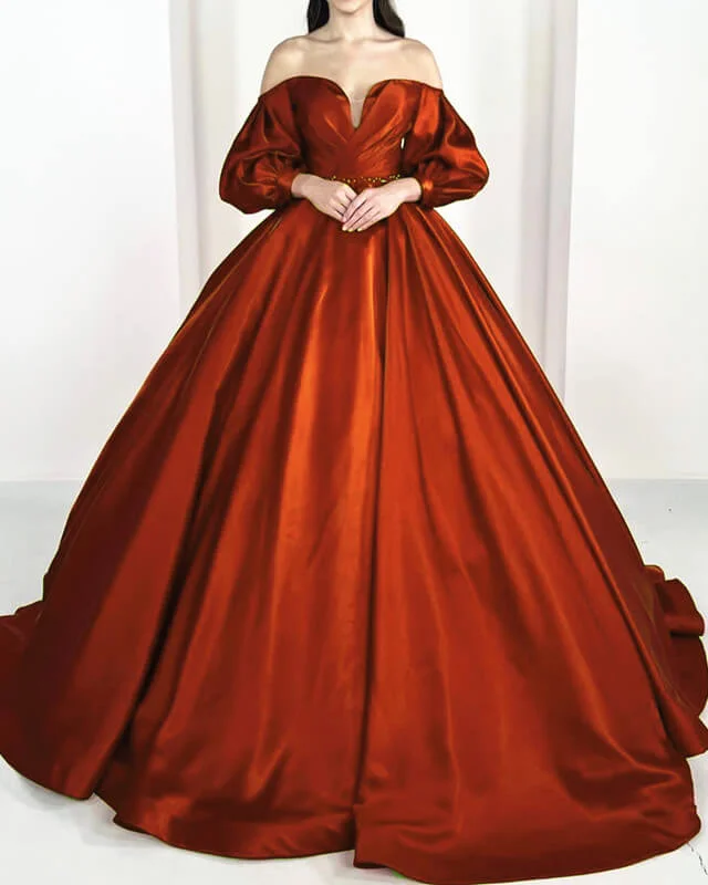 Unbeatable Prices Burnt Orange Ball Gown Satin Puffy Sleeve Dress
