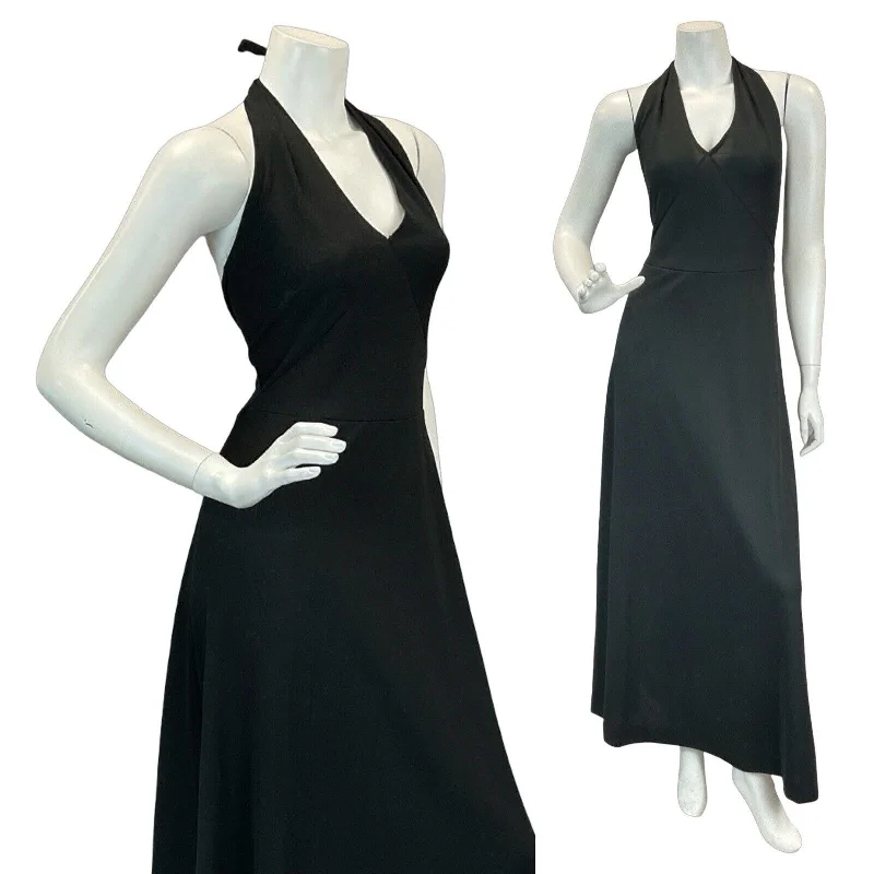 Shop and Save VTG 60S 70S BLACK HALTERNECK DISCO BOHO MAXI DRESS 10 12