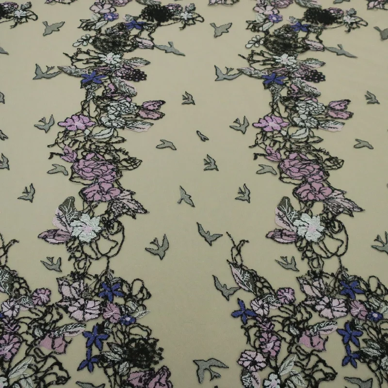 Final Clearance Nude Tulle with Black Purple and Pink Floral and Birds Embroidery Fabric