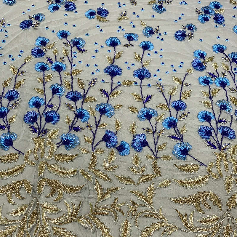 Exclusive Access Nude Tulle with Gold and Blue Floral Design Embroidered Fabric