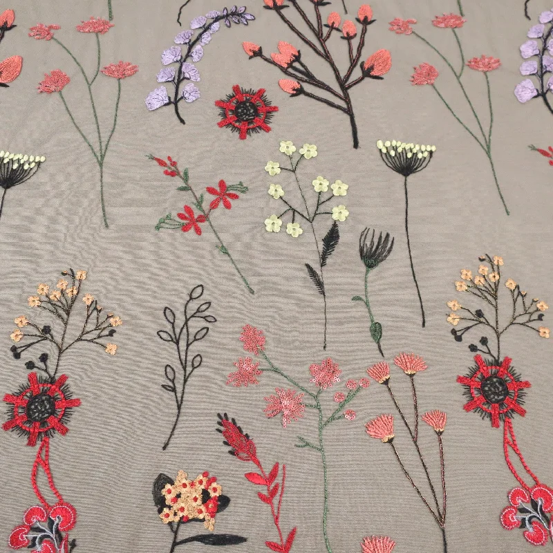 Fantastic Deals Black Tulle with Multicolored Floral Pattern Embroidered Fabric