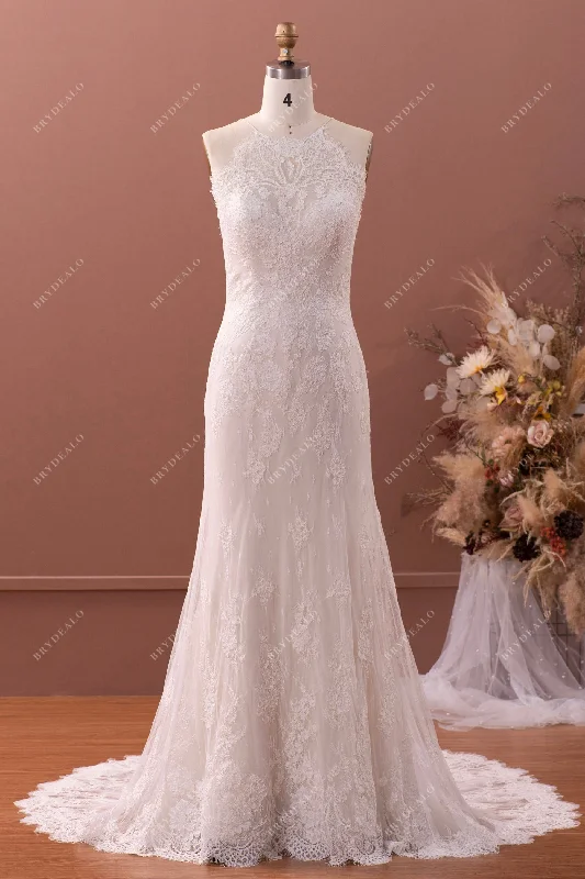 Overstock Vintage Halter Neck Corded Lace Mermaid Wedding Dress