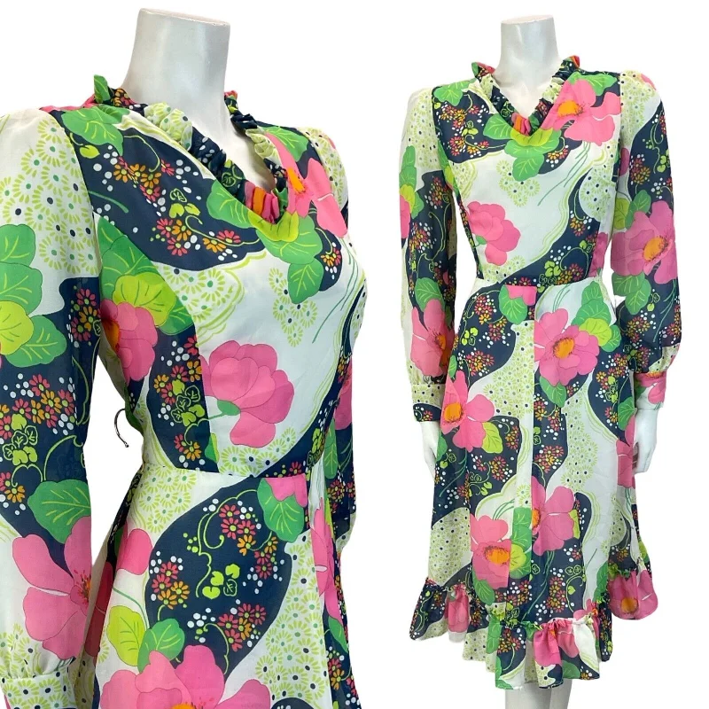 Savings Event VTG 70S FLORAL PSYCHEDELIC RUFFLE DAISY MINI DRESS PINK BLUE GREEN 10 12