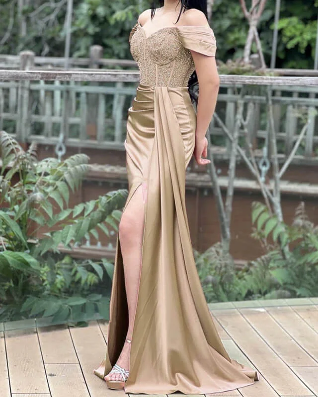 New Markdowns Mermaid Gold Lace Corset Slit Satin Dress