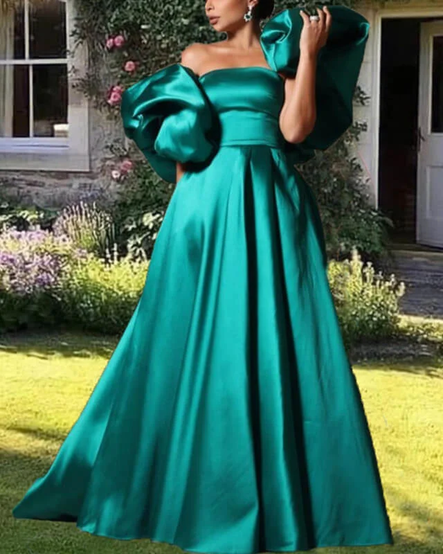Markdowns Puffy Sleeves Satin Ball Gown Dress