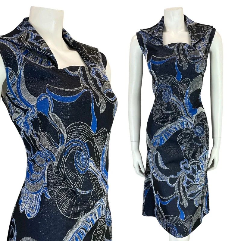 Best Bargains VTG 60S 70S NAVY SILVER BLUE WING NECK LUREX PSYCHDELIC FLORAL DRESS 12 14