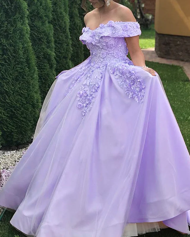 Seasonal Sale Tulle And Satin Prom Dresses Ball Gown 3D Lace Off Shoulder