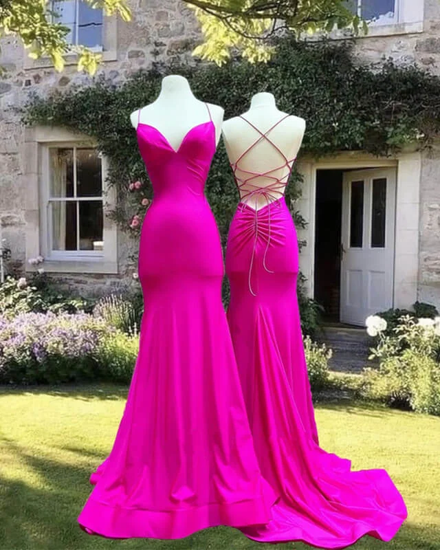 Price Fest Mermaid V-neckline Cross-Back Satin Dress