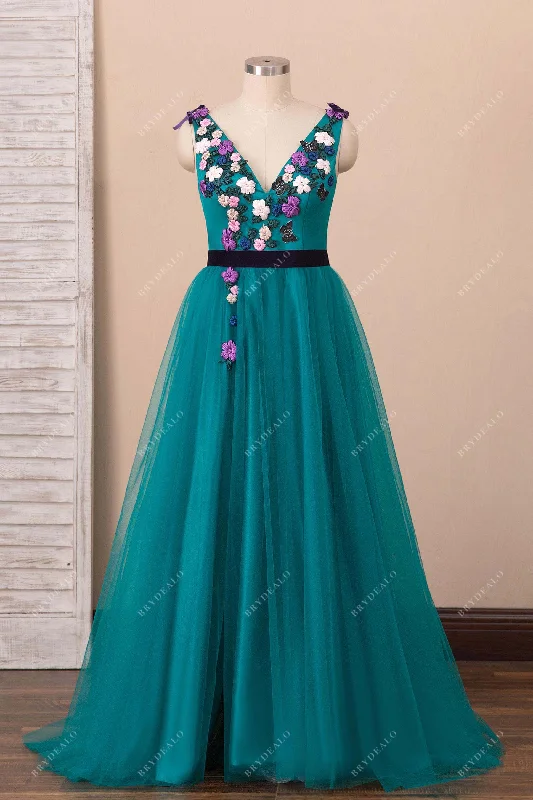 Overstock Sale Fairy 3D Flowers Peacock V-neck Formal Dress