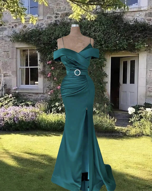 Exclusive Online Offer Mermaid Dark Green Cold Shoulder Satin Dress