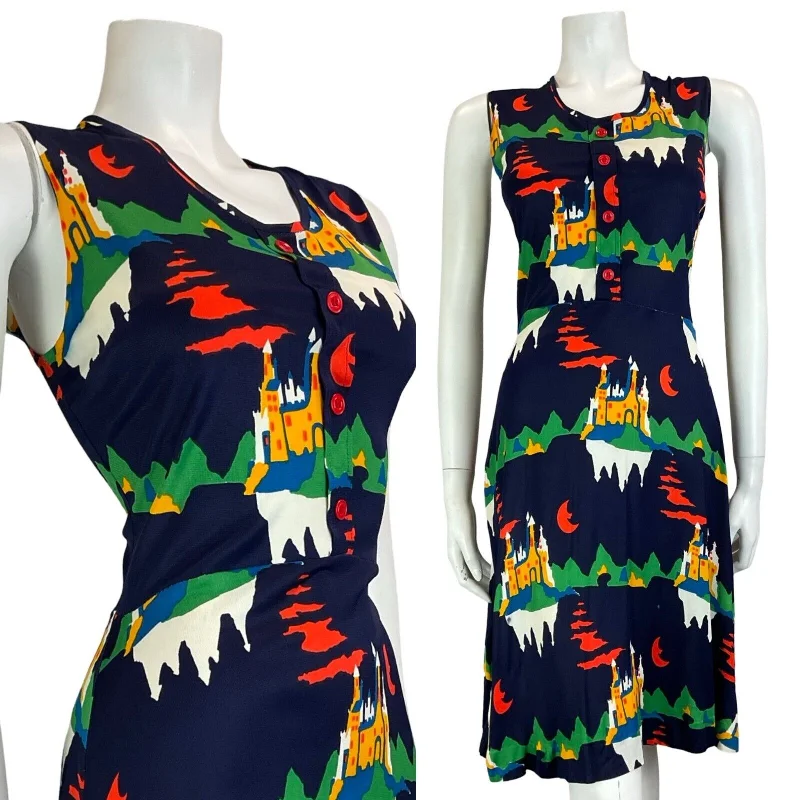 While Supplies Last VTG 70S FAIRYTALE CASTLE MOON SLEEVELESS NAVY GREEN YELLOW WHITE MIDI DRESS 10