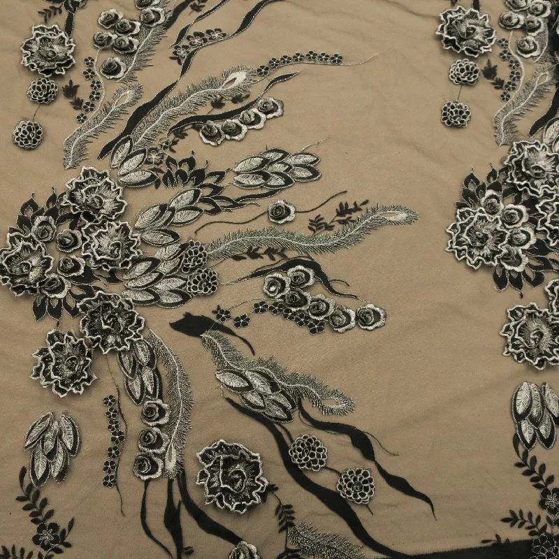 Inventory Reduction Black Tulle with Silver 3D Floral Design Embroidered  Fabric